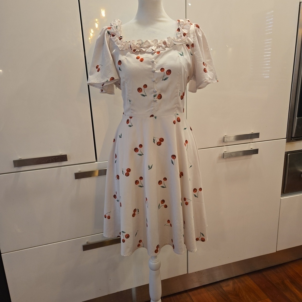 Quanta Du Soleil Cheri Cherry Ruffle Dress White Red Womens Size 8